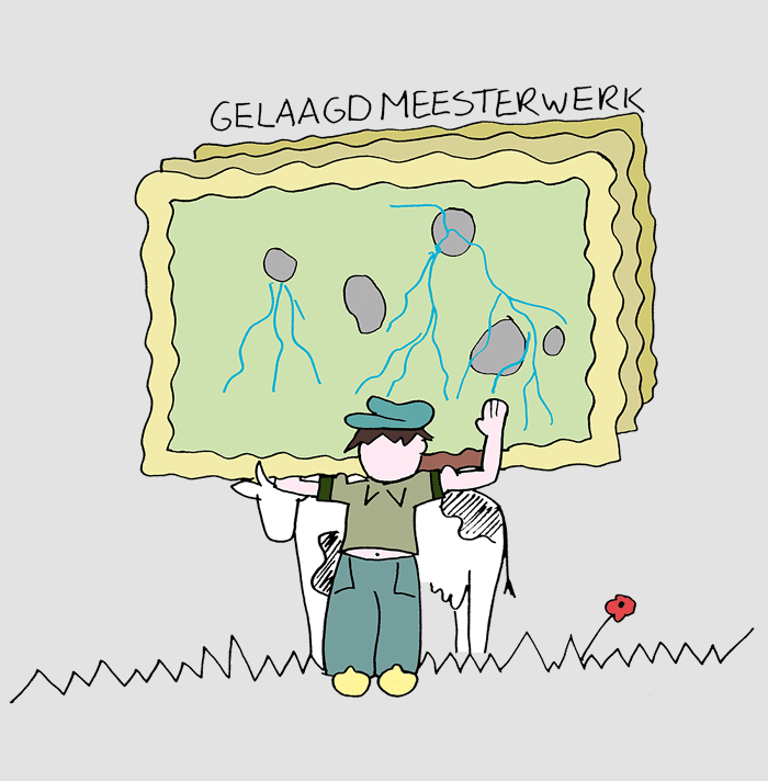 Afbeelding van een boer met een gelaagd meesterwerk in de vorm van enkele Brabantse kernen verbonden door rivieren  Op de achtergrond staat een koe 